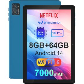 10 inch Android 14 Tablet: 8GB+64GB+1TB Expandable, Widevine L1 Netflix Certified, 8-Core CPU A523 Android Tablet, 7000mAh Battery, OTG Face Recognition Metal Body + Stand Case