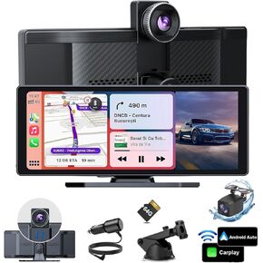 Portable Carplay Screen for Car with 4K Dash Cam, 10" Car Stereo Wireless Carplay & Android Included 64GB Card, 1080P Backup Camera with Touch Screen, Voice Control, Mirror Link, Music Play, GPS, AUX