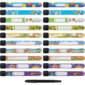 20PCS Id Bracelets for Kids,Safety Bracelets for Kids,Waterproof, Adjustable, Reusable Bands for Boys and Girls with Bonus Writing Pen (10 Styles)