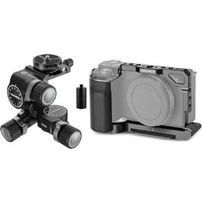 NEEWER TH15 3 Way Geared Tripod Head with 360° Panoramic Arca QR Plate, Aluminum Alloy 3 Axis Pan Tilt Head with Quick Switch Large & Fine Dual Modes, CA003S ZV-E10 Camera Cage Kit Included