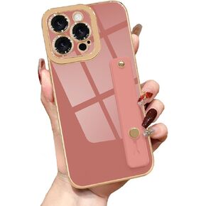 Lafunda for iPhone 15 Pro Max Case Cute, Luxury Gold Plated for Women Girls Elegant Cover with Wrist Strap Kickstand Camera Protection Shockproof Silicone Phone Case for iPhone 15 Pro Max, White