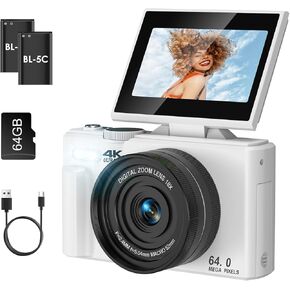SOPPY 4K Digital Camera with WiFi Transfer, 64MP Auto-Focus Vlogging Camera for YouTube, 18X Digital Zoom, 3" 180° Flip Screen with SD Card, Compact Camera Gifts for Boys Girls Beginners,White