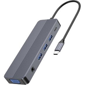 Docking Station Dual Monitor, 10-in-1 USB C Hub with 4K HDMI, VGA, Fast Charging Port, 3 USB Ports, SD/TF Card Reader, 3.5mm AUX, USB C Dongle for MacBook, Dell, Lenovo, HP Laptops