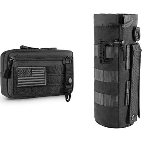 Tactical Molle Admin Pouch with USA Flag Patch and Keychain & Tactical Drawstring Molle Water Bottle Pouch with D-Ring Clip