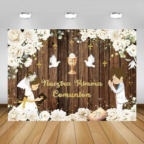 MEHOFOND Nuestra Primera Comunión Backdrop for Boy and Girl Siblings Baptism Christening Party Decor First Holy Communion God Bless Mi Bautizo Chalice White Flower Background Photo Shoot Props 7x5ft