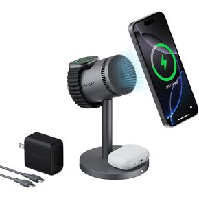 3 in 1 Charging Station Compatible with MagSafe, 15W Cooling Wireless Charger, Charger Stand Qi2 Certified for iPhone 16/15/14/13/12, Samsung S25, Apple Watch, AirPods (45W PD Charger Included)