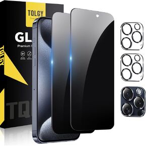 TQLGY [2+2 حزمة شاشة شاشة الخصوصية لجهاز iPhone 15 Pro 6.1 بوصة مع 2 حزمة العدسة الكاميرا ، والفيلم الزجاجي الخاص المضاد للتجسس ، صلابة 9H ، خالية من الفقاعة ، ودية في الحالة