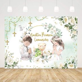 7x5ft Nuestra Primera Comunion Backdrop for Twins Our First Communion Photography Background Baptism God Bless Baptism Mi Bantizo Chalice Doves Baby Shower Party Decorations Banner