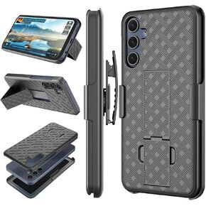 Galaxy A16 Case with Kickstand & Belt Clip Holster, Heavy Duty Shockproof Armor Protective Rugged Woven Pattern Hard Plastic Phone Cover for Samsung Galaxy A16, Black