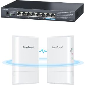 BrosTrend 5GHz 867Mbps Wireless Bridge, 1KM WiFi Bridge, Long Range Point to Point Outdoor CPE for PtP & PtMP + 8 Ports 2.5G Ethernet Switch Multi-Gigabit Unmanaged Network Switch 2.5Gb Switch Fanless