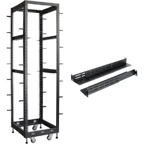 RIVECO 42U 19" Adjustable Depth Server Rack Floor Standing 4 Post Rack Universal for Network Equipment Black & 1U Adjustable L Rails