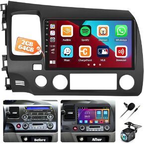 [2+64G] Android 13 Car Stereo for Honda Civic 2006-2011 with Wireless Carplay&Android Auto,9 Inch Touch Screen Car Radio with Mirror Link Bluetooth FM/RDS Radio WiFi GPS EQ SWC+ Backup Camera