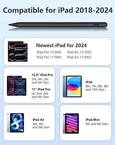 Pencil for iPad 2024-2018, Pen for iPad with 12Hr Usage, Palm Rejection, Tilt Sensitivity, Stylus Pen for iPad 10/9/8/7/6, iPad Pro 12.9"/11"/13" M4, iPad Mini 6/5, iPad Air 5/4/3/11"-13" M2 in Kuwait