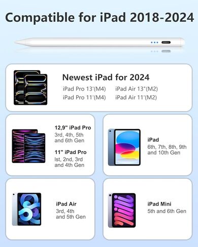 Pencil for iPad 2024-2018, Pen for iPad with 12Hr Usage, Palm Rejection, Tilt Sensitivity, Stylus Pen for iPad 10/9/8/7/6, iPad Pro 12.9"/11"/13" M4, iPad Mini 6/5, iPad Air 5/4/3/11"-13" M2 in Kuwait