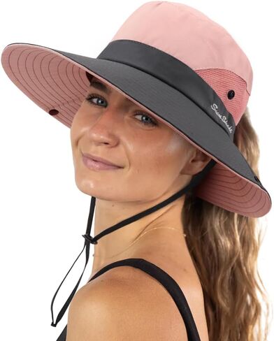 DRESHOW Women Sun Hat Outdoor UV Protection Hat Foldable Mesh Wide Brim Fishing Ponytail Beach Bucket Hats in Saudi Arabia