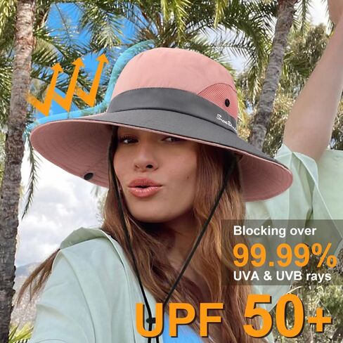 DRESHOW Women Sun Hat Outdoor UV Protection Hat Foldable Mesh Wide Brim Fishing Ponytail Beach Bucket Hats in Saudi Arabia