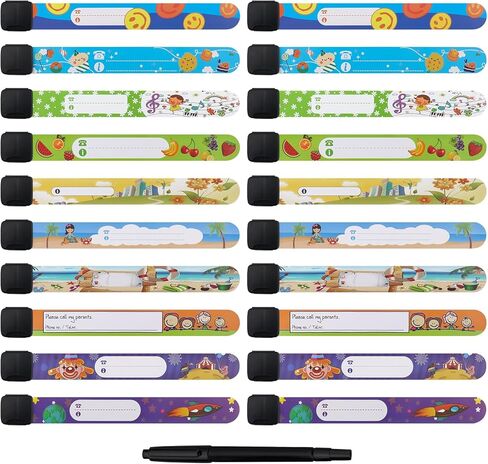 20 قطعة من أساور الهوية للأطفال، أساور أمان للأطفال، مقاومة للماء، قابلة للتعديل، قابلة لإعادة الاستخدام للأولاد والبنات مع قلم كتابة إضافي (10 أنماط) in Kuwait