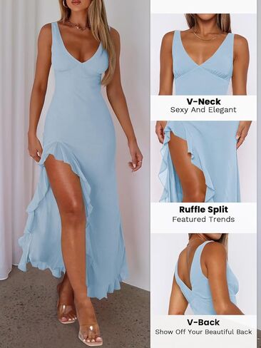 Women Sexy V Neck Sleeveless Mesh Ruffle Hem Bodycon Maxi Dress Backless High Slit Cocktail Party Club Dress in Kuwait