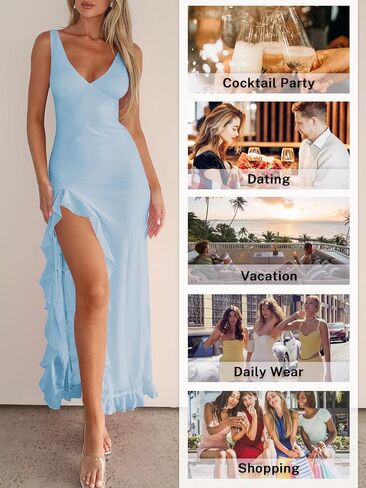 Women Sexy V Neck Sleeveless Mesh Ruffle Hem Bodycon Maxi Dress Backless High Slit Cocktail Party Club Dress in Kuwait