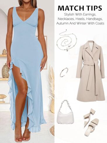 Women Sexy V Neck Sleeveless Mesh Ruffle Hem Bodycon Maxi Dress Backless High Slit Cocktail Party Club Dress in Kuwait