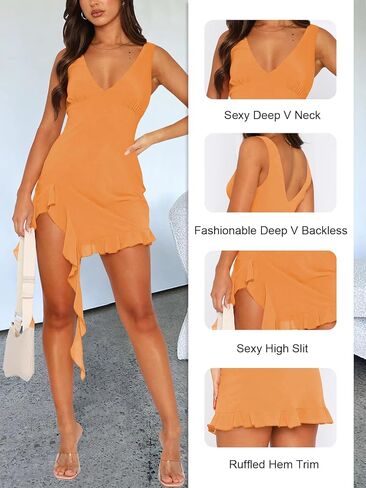 Women Sexy V Neck Sleeveless Mesh Ruffle Hem Bodycon Maxi Dress Backless High Slit Cocktail Party Club Dress in Kuwait