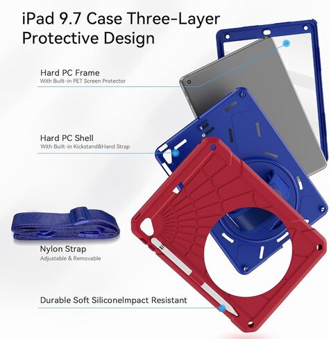 Case for iPad 6th/ 5th Generation 9.7 '' مع حامل قلم الرصاص على الشاشة [360 حزام يدوي الدوار] والوقوف ، حالة مقاومة للمنزل لـ iPad 6th/ 5th/ Air 2/ Pro 9.7-Red+Blue in Kuwait