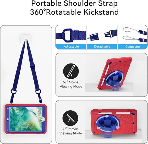 Case for iPad 6th/ 5th Generation 9.7 '' مع حامل قلم الرصاص على الشاشة [360 حزام يدوي الدوار] والوقوف ، حالة مقاومة للمنزل لـ iPad 6th/ 5th/ Air 2/ Pro 9.7-Red+Blue in Kuwait