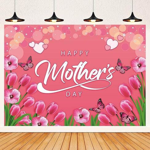 7x5 Ft Mother's Day Backdrop Vinyl Backdrop Happy Mother's Day Photography Background Party Decorations Mother's Day Banner for Photo Booth (Pink Butterfly Heart Floral, 7x5 Ft) in Saudi Arabia