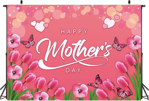 7x5 Ft Mother's Day Backdrop Vinyl Backdrop Happy Mother's Day Photography Background Party Decorations Mother's Day Banner for Photo Booth (Pink Butterfly Heart Floral, 7x5 Ft) in Saudi Arabia