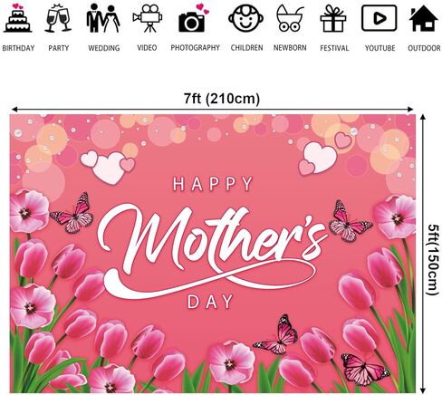 7x5 Ft Mother's Day Backdrop Vinyl Backdrop Happy Mother's Day Photography Background Party Decorations Mother's Day Banner for Photo Booth (Pink Butterfly Heart Floral, 7x5 Ft) in Saudi Arabia