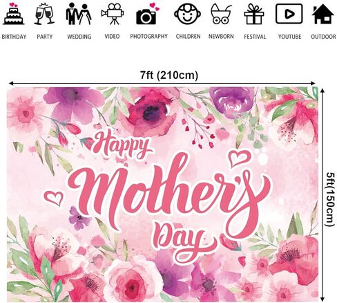 7x5 Ft Mother's Day Backdrop Vinyl Backdrop Happy Mother's Day Photography Background Party Decorations Mother's Day Banner for Photo Booth (Pink Butterfly Heart Floral, 7x5 Ft) in Saudi Arabia
