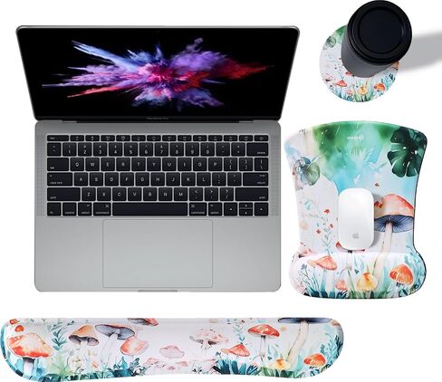 MEGREZ Ergonomic Memory Foam Mousepad with Wrist Support 3PCS, Wrist Rest Support for Mouse Pad+Keyboard Wrist+Coasters Set, Memory Foam Wrist Rest Mouse Pad for Games Home & Office, Daisy in Saudi Arabia