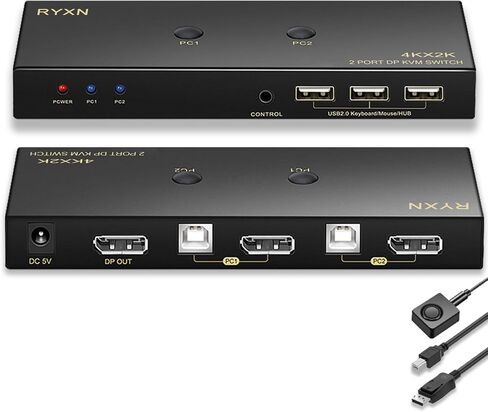 KVM Switch Displayport 1 شاشات 2 جهاز كمبيوتر، DP2.0 مفاتيح KVM تشارك أجهزة USB3.0 مع 4 محاور USB، تدعم 8K@60 هرتز، 4K@240 هرتز/175 هرتز/144 هرتز، مع مفتاح التحكم في التمديد و2 كابلات DP in Saudi Arabia