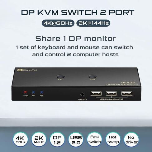 KVM Switch Displayport 1 شاشات 2 جهاز كمبيوتر، DP2.0 مفاتيح KVM تشارك أجهزة USB3.0 مع 4 محاور USB، تدعم 8K@60 هرتز، 4K@240 هرتز/175 هرتز/144 هرتز، مع مفتاح التحكم في التمديد و2 كابلات DP in Saudi Arabia
