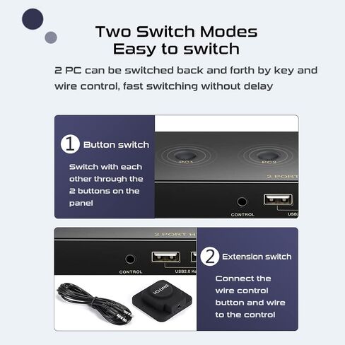 KVM Switch Displayport 1 شاشات 2 جهاز كمبيوتر، DP2.0 مفاتيح KVM تشارك أجهزة USB3.0 مع 4 محاور USB، تدعم 8K@60 هرتز، 4K@240 هرتز/175 هرتز/144 هرتز، مع مفتاح التحكم في التمديد و2 كابلات DP in Saudi Arabia