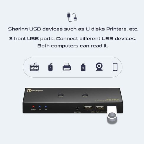 KVM Switch Displayport 1 شاشات 2 جهاز كمبيوتر، DP2.0 مفاتيح KVM تشارك أجهزة USB3.0 مع 4 محاور USB، تدعم 8K@60 هرتز، 4K@240 هرتز/175 هرتز/144 هرتز، مع مفتاح التحكم في التمديد و2 كابلات DP in Saudi Arabia