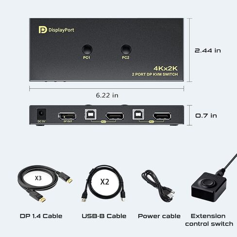 KVM Switch Displayport 1 شاشات 2 جهاز كمبيوتر، DP2.0 مفاتيح KVM تشارك أجهزة USB3.0 مع 4 محاور USB، تدعم 8K@60 هرتز، 4K@240 هرتز/175 هرتز/144 هرتز، مع مفتاح التحكم في التمديد و2 كابلات DP in Saudi Arabia