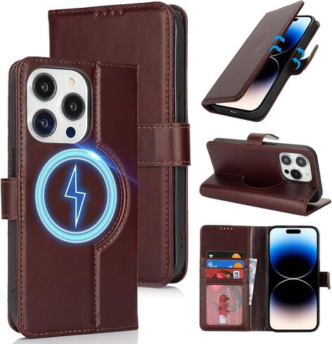 ZOUZT for iPhone 14 Pro 6.1" Genuine Leather Wallet Case with Card Holder, for MagSafe Magnetic Wireless Charging, Flip Folio Book Kickstand Shockproof Cover Women Men for iPhone 14 Pro - Litchi Black in Saudi Arabia