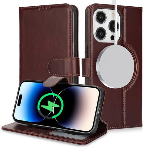 ZOUZT for iPhone 14 Pro 6.1" Genuine Leather Wallet Case with Card Holder, for MagSafe Magnetic Wireless Charging, Flip Folio Book Kickstand Shockproof Cover Women Men for iPhone 14 Pro - Litchi Black in Saudi Arabia