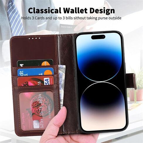 ZOUZT for iPhone 14 Pro 6.1" Genuine Leather Wallet Case with Card Holder, for MagSafe Magnetic Wireless Charging, Flip Folio Book Kickstand Shockproof Cover Women Men for iPhone 14 Pro - Litchi Black in Saudi Arabia