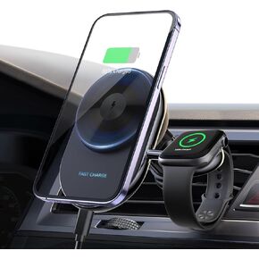 2 in 1 Cooling Magsafe Wireless Car Charger iPhone，Air Vent Apple Watch Car Charger for iPhone 16 pro max/ 16/15/14/13/12 and Apple Watch, Black