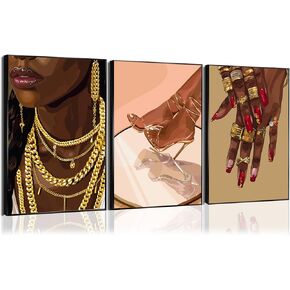YFvrPt Black Woman Wall Art Set of 3 Fashion African American Women Wall Decor Trendy Abstract Black Girl Canvas Poster Prints Aesthetic Pictures for Bedroom Living Room Framed 12x16 inch