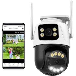 6MP Dual Lens Outdoor Security Camera Outdoor, WiFi Home Surveillance Camera, 2.4GHz Wireless, PTZ, 355°Pan, 90°Tilt, Human Detection & Auto Tracking, 2-Way Audio, IP66, Night Vision, 24/7 recording
