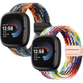 Braided-Band for Fitbit-Versa-4 Magnetic-Clasp Stretchy-Bands - for Fitbit Versa 3/Sense 2/Sense 1 Elastic Nylon Sport Loop Strap, Wristband for Women Men