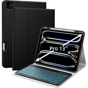 JUQITECH iPad Pro 13 Case with Keyboard M4 2024, iPad 13 Inch Pro Keyboard Case, 7Colors Backlit Bluetooth Magnetic Keyboard Soft Protective Folio Tablet Smart Case with Apple Pencil Pro Holder, Black