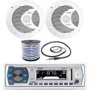 Pyle Single Din Marine Boat AM/FM USB Aux Stereo Receiver ، 2 × 6.5 '' مخروط مزدوج مكبرات صوت أبيض 150 واط ، سلك مكبر صوت 18 ، هوائي عالمي 22 بوصة
