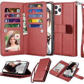 Njjex Wallet Case for iPhone 11 PRO, for iPhone 11 PRO Case 5.8", [9 Card Slots] PU Leather Credit Holder Folio Flip [Detachable] Kickstand Magnetic Phone Cover & Lanyard for iPhone 11 PRO - Wine Red