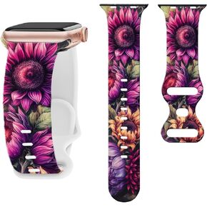 Sport Band Floral Printed Compatible with Apple Watch Bands 49mm 45mm 44mm 42mm 41mm 40mm 38mm Women, Silicone Flower Printed Fadeless Pattern Design Strap for iWatch Series10，9, 8,7,6,5,4,3,2,1,SE