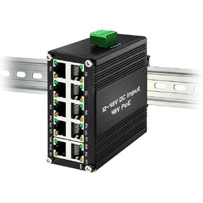 10 Ports Ethernet Switch Din Rail Industrial 8Ports PoE Network Switch Unmanaged 12-48V DC Input IEEE802.3af/at 48V PoE Switch with Booster Small Size