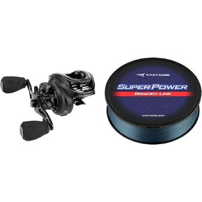 KastKing Zephyr Baitcasting Fishing Reel, Right Handed, Black & KastKing Superpower Braided Fishing Line, Gray, 15 LB, 150 Yds